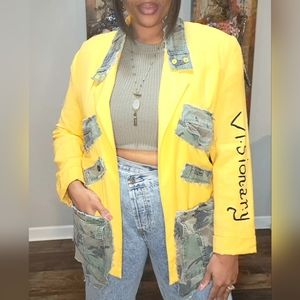 Vintage Upcycled Yellow/Camo Patchwork Blazer SZ 16